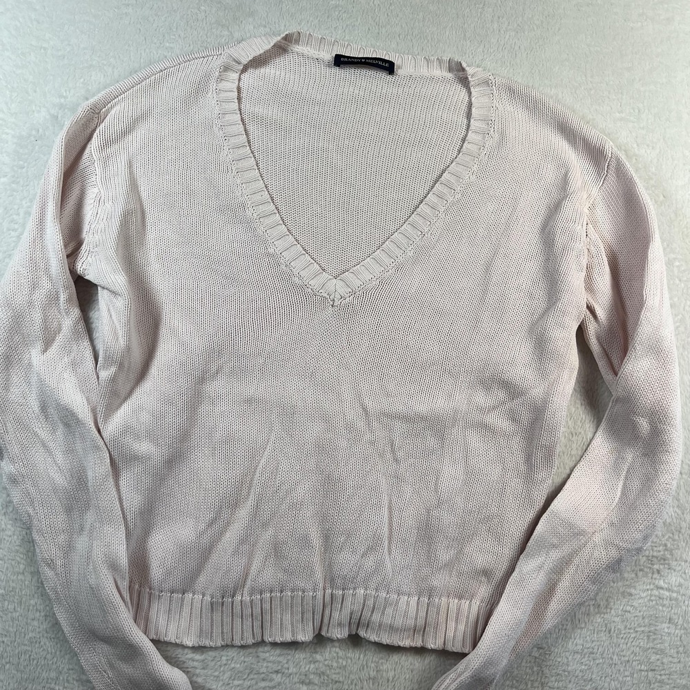 Brandy Melville Sweater Womens One Size Pink V Neck Knit Pullover Italy Cropped